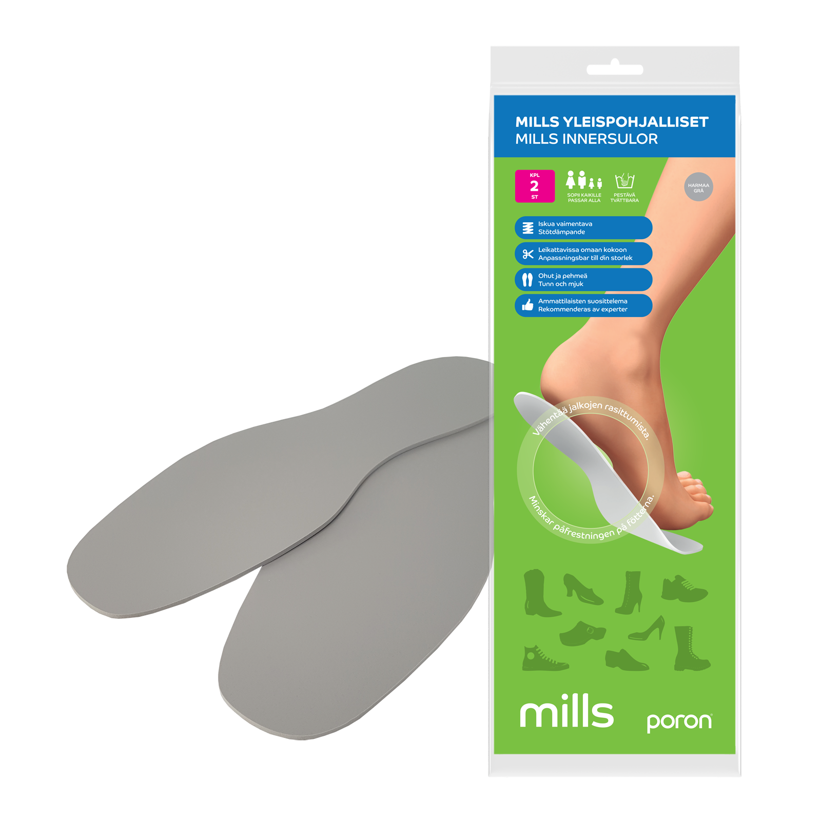 Mills Terveyspohjalliset, harmaa Poron®, 2 kpl